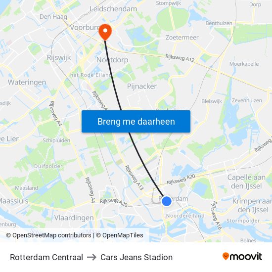 Rotterdam Centraal to Cars Jeans Stadion map