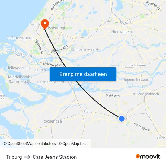 Tilburg to Cars Jeans Stadion map