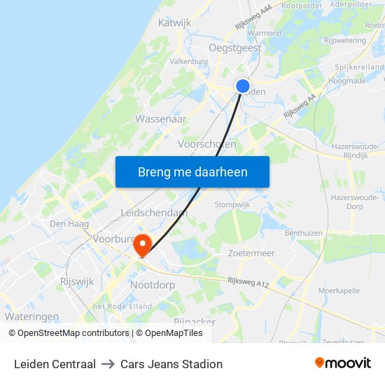 Leiden Centraal to Cars Jeans Stadion map