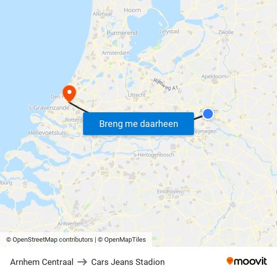 Arnhem Centraal to Cars Jeans Stadion map