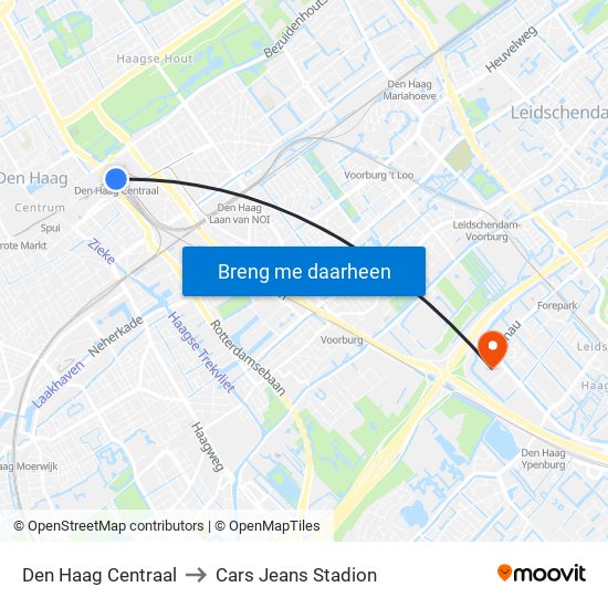 Den Haag Centraal to Cars Jeans Stadion map