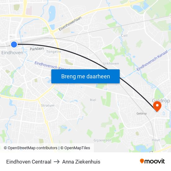 Eindhoven Centraal to Anna Ziekenhuis map