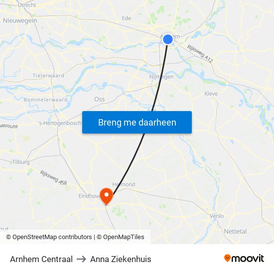 Arnhem Centraal to Anna Ziekenhuis map
