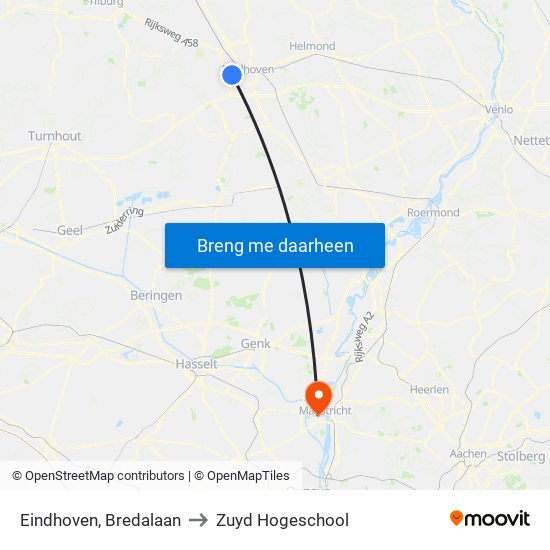 Eindhoven, Bredalaan to Zuyd Hogeschool map