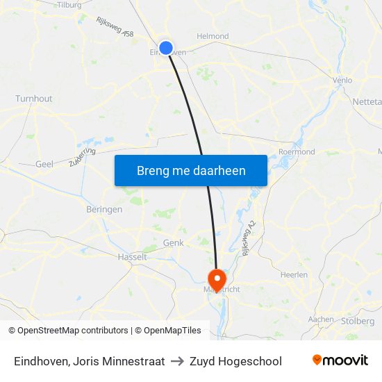 Eindhoven, Joris Minnestraat to Zuyd Hogeschool map