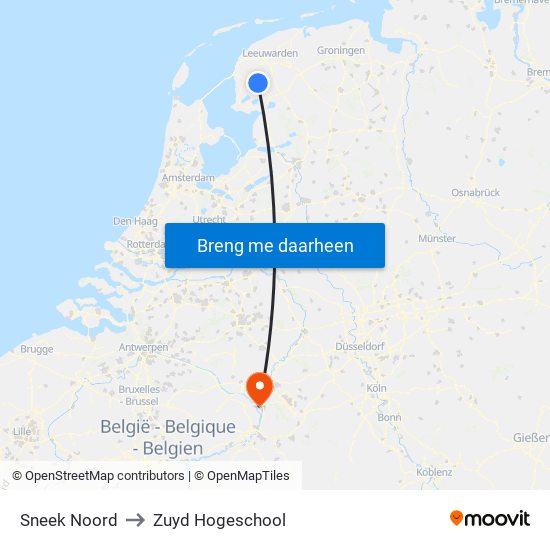 Sneek Noord to Zuyd Hogeschool map