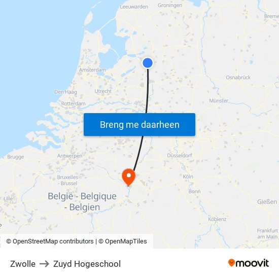 Zwolle to Zuyd Hogeschool map