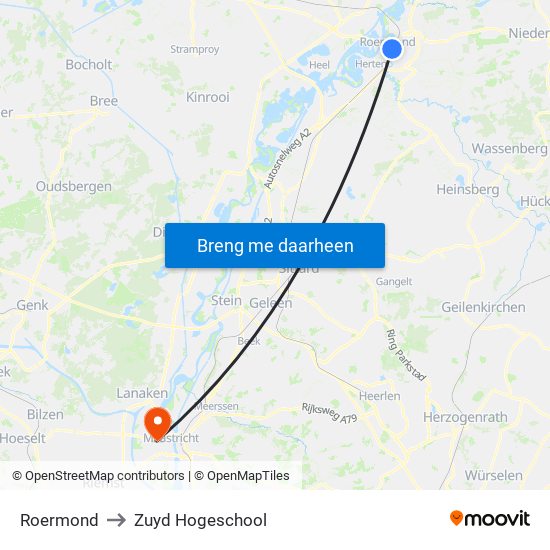 Roermond to Zuyd Hogeschool map