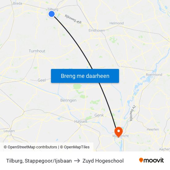 Tilburg, Stappegoor/Ijsbaan to Zuyd Hogeschool map
