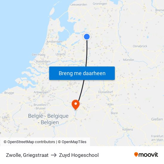Zwolle, Griegstraat to Zuyd Hogeschool map