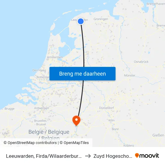 Leeuwarden, Firda/Wilaarderburen to Zuyd Hogeschool map