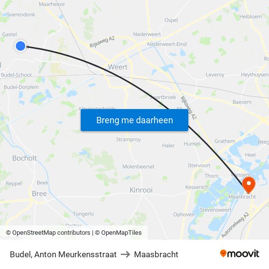 Budel, Anton Meurkensstraat to Maasbracht map