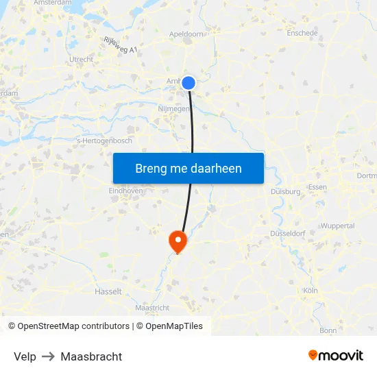 Velp to Maasbracht map