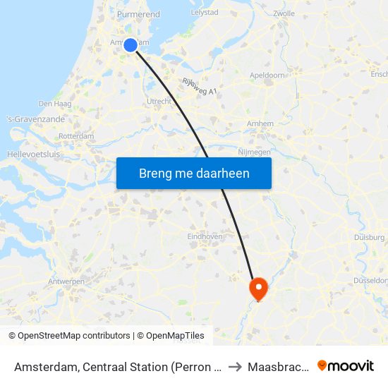 Amsterdam, Centraal Station (Perron J) to Maasbracht map
