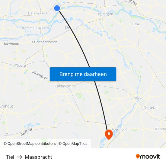 Tiel to Maasbracht map