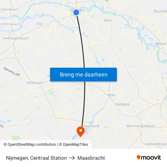Nijmegen, Centraal Station to Maasbracht map