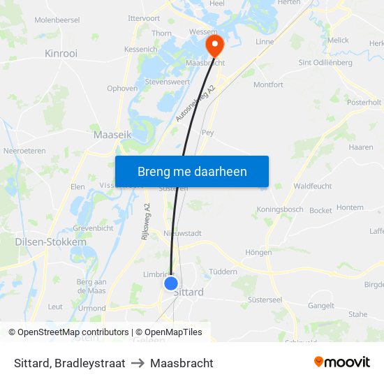 Sittard, Bradleystraat to Maasbracht map