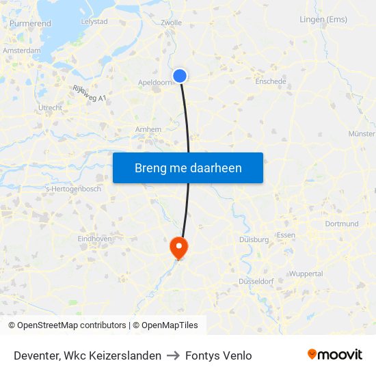 Deventer, Wkc Keizerslanden to Fontys Venlo map