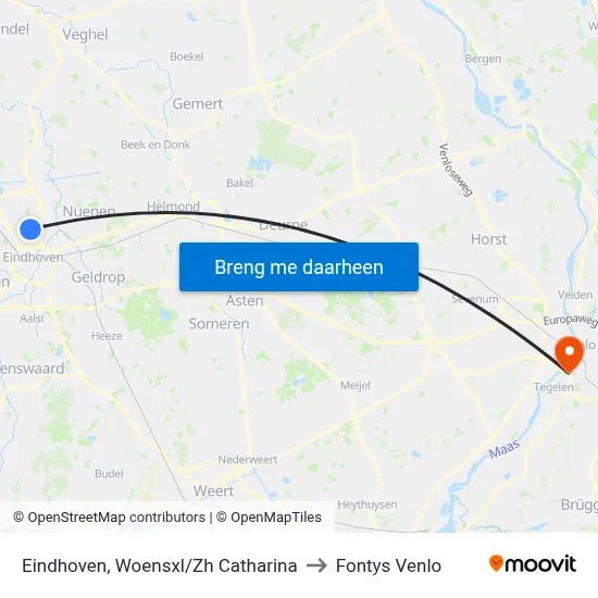 Eindhoven, Woensxl/Zh Catharina to Fontys Venlo map