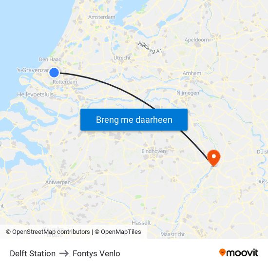 Delft Station to Fontys Venlo map