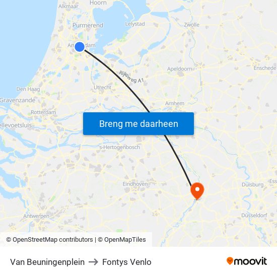 Van Beuningenplein to Fontys Venlo map