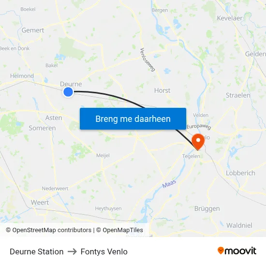 Deurne Station to Fontys Venlo map
