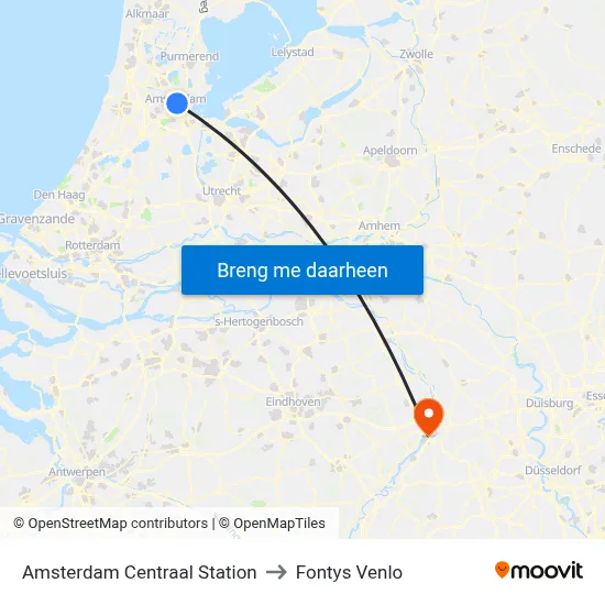 Amsterdam Centraal Station to Fontys Venlo map