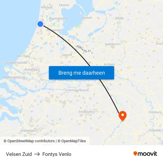 Velsen Zuid to Fontys Venlo map