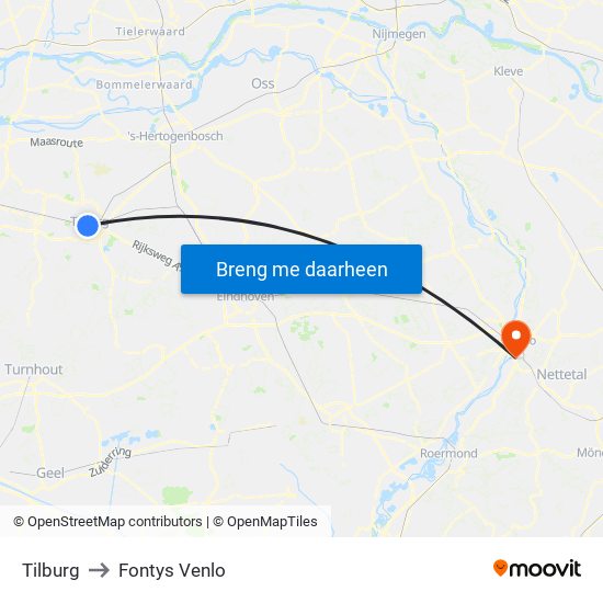 Tilburg to Fontys Venlo map