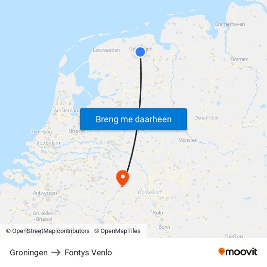 Groningen to Fontys Venlo map