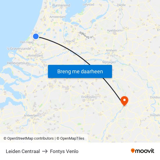 Leiden Centraal to Fontys Venlo map