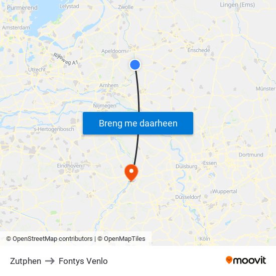 Zutphen to Fontys Venlo map