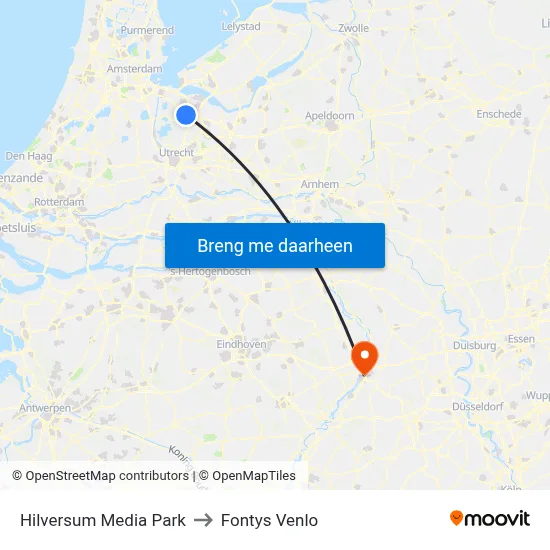 Hilversum Media Park to Fontys Venlo map
