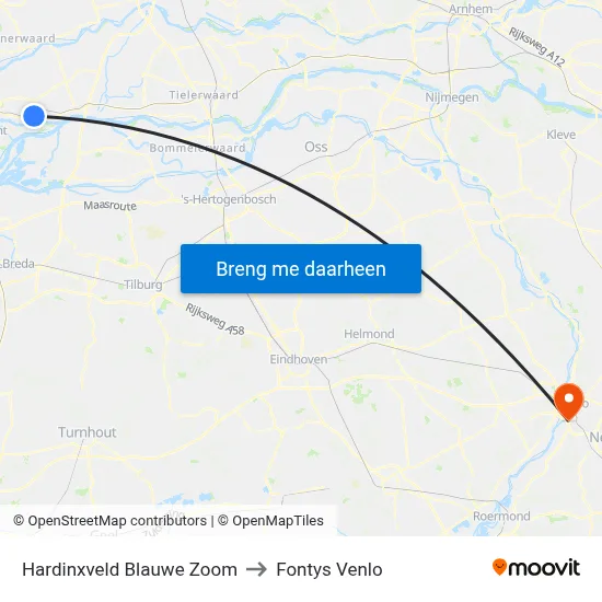 Hardinxveld Blauwe Zoom to Fontys Venlo map