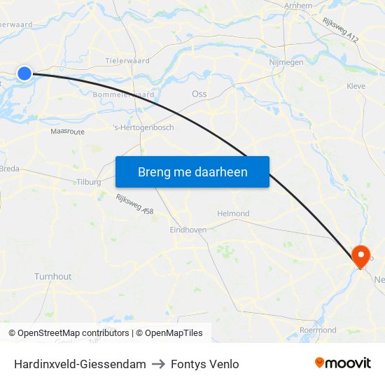 Hardinxveld-Giessendam to Fontys Venlo map