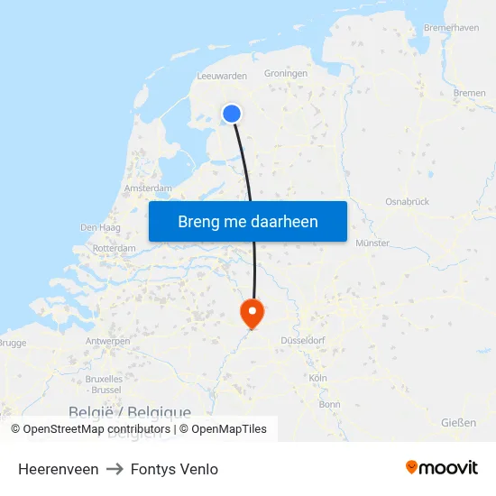 Heerenveen to Fontys Venlo map