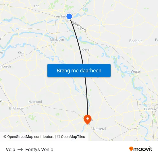 Velp to Fontys Venlo map