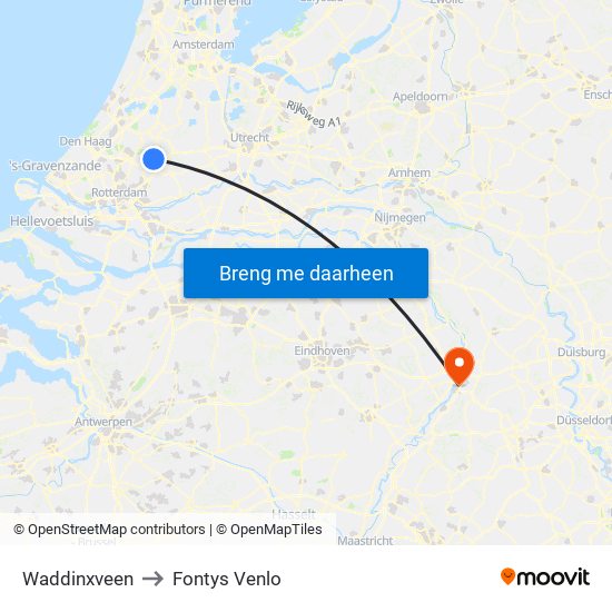 Waddinxveen to Fontys Venlo map