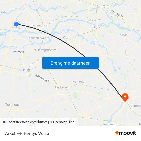 Arkel to Fontys Venlo map