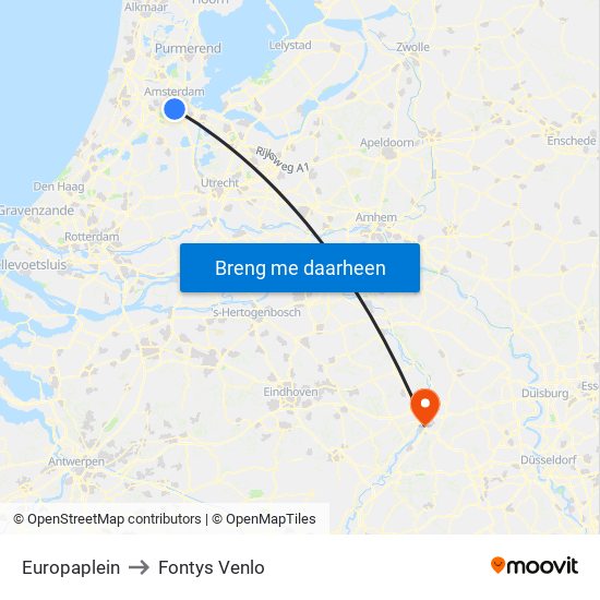 Europaplein to Fontys Venlo map