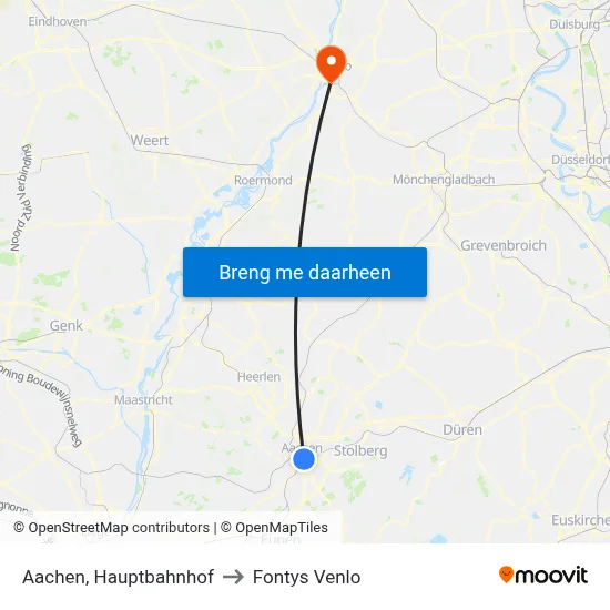 Aachen, Hauptbahnhof to Fontys Venlo map