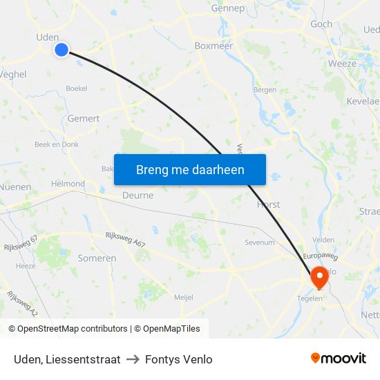 Uden, Liessentstraat to Fontys Venlo map