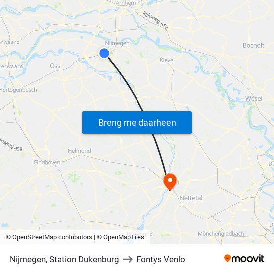 Nijmegen, Station Dukenburg to Fontys Venlo map