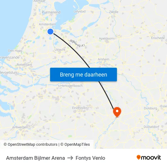 Amsterdam Bijlmer Arena to Fontys Venlo map