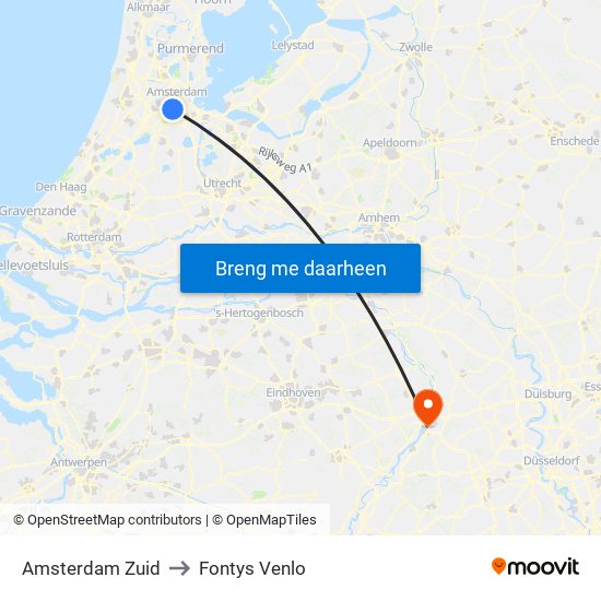 Amsterdam Zuid to Fontys Venlo map