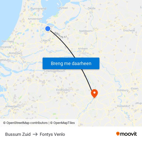 Bussum Zuid to Fontys Venlo map