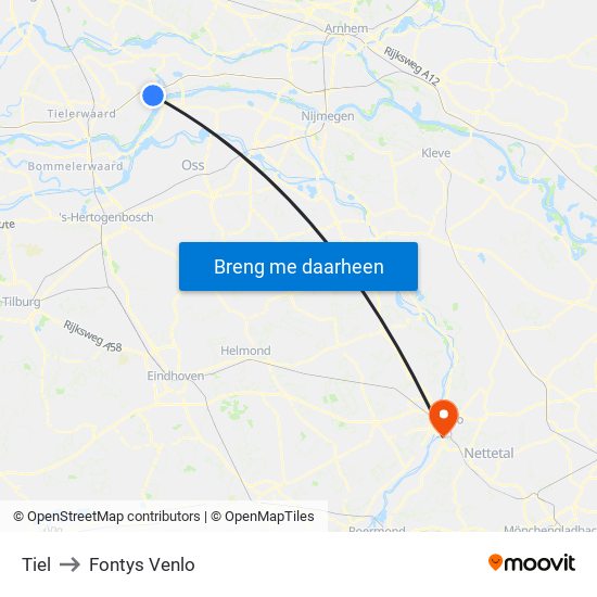 Tiel to Fontys Venlo map