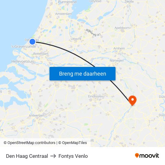 Den Haag Centraal to Fontys Venlo map