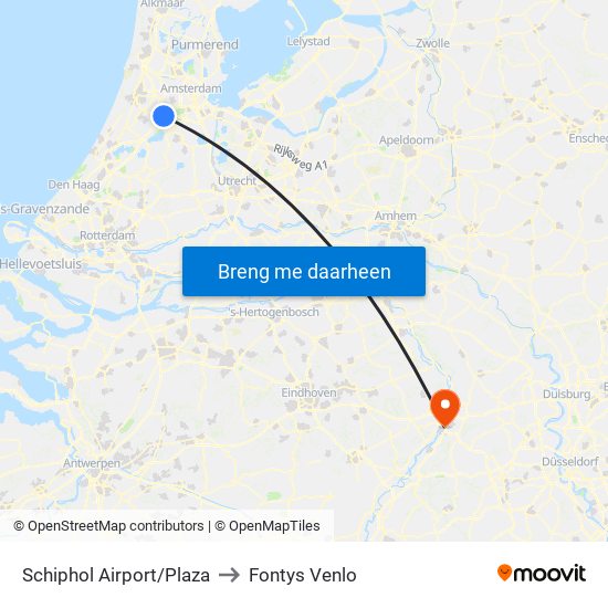 Schiphol Airport/Plaza to Fontys Venlo map