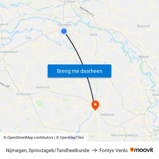 Nijmegen, Spinozageb/Tandheelkunde to Fontys Venlo map